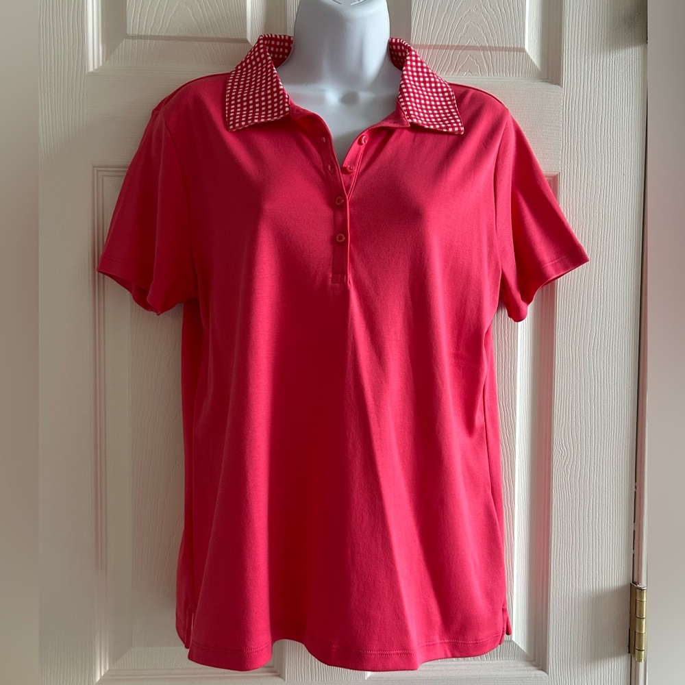 Women’s Lands' End Supima Cotton Polo Shirt in Rouge Pink Gingham - Picture 2 of 8